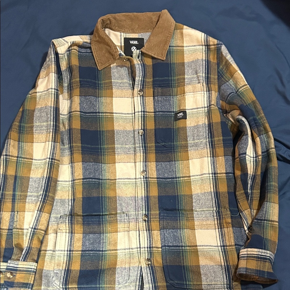 Vans Navy, Tan & Cream Plaid Shirt Jacket with Corduroy Collar